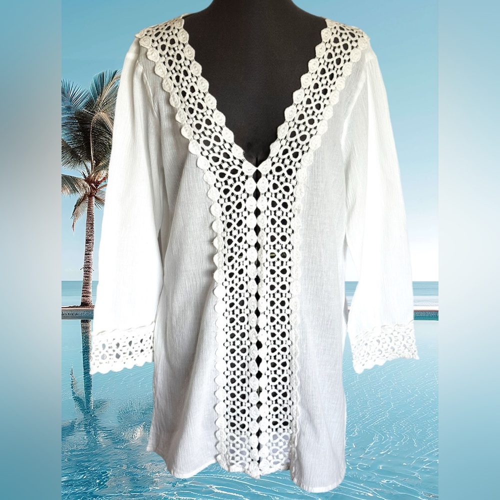 White Crochet Trim Swim Cover-Up Size S